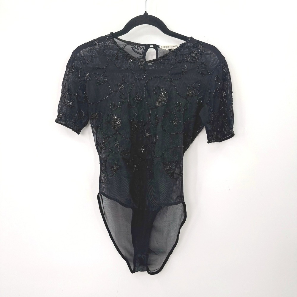 Vintage Giorgio Armani Bodysuit Women 8 Goth Beaded Mesh Sheer Romantic Chic 90s